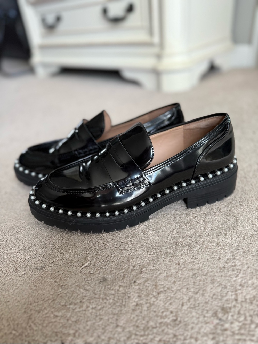 INC International Concepts Black Patent Pearl-Trim Loafers